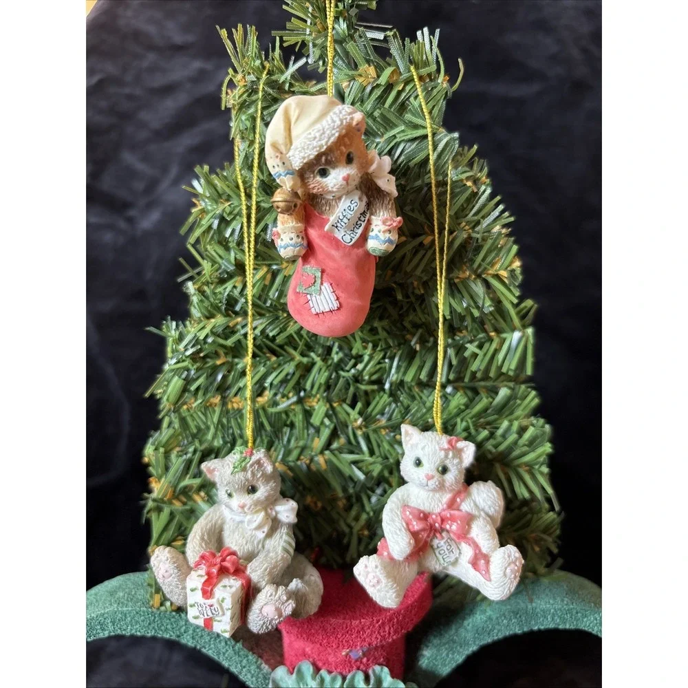 Vintage Calico Kittens Hanging Ornament‎ Display W/ Kitten Ornaments